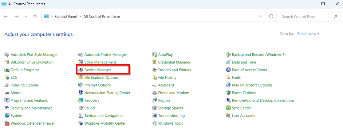 The Device Manager tab in the Control Panel