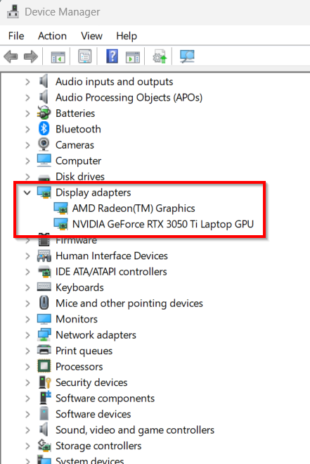 Display adapters show available graphics cards